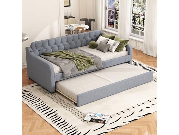 【90x200cm Ausziehbares Schlafsofa】Tagesbett mit Rollfunktion & USB-Ladeanschluss, grau Platzsparendes Gästebett mit Lattenrost, 200kg Belastbarkeit MDF Holzrahmen, Stoffbezug, Ohne Matratze