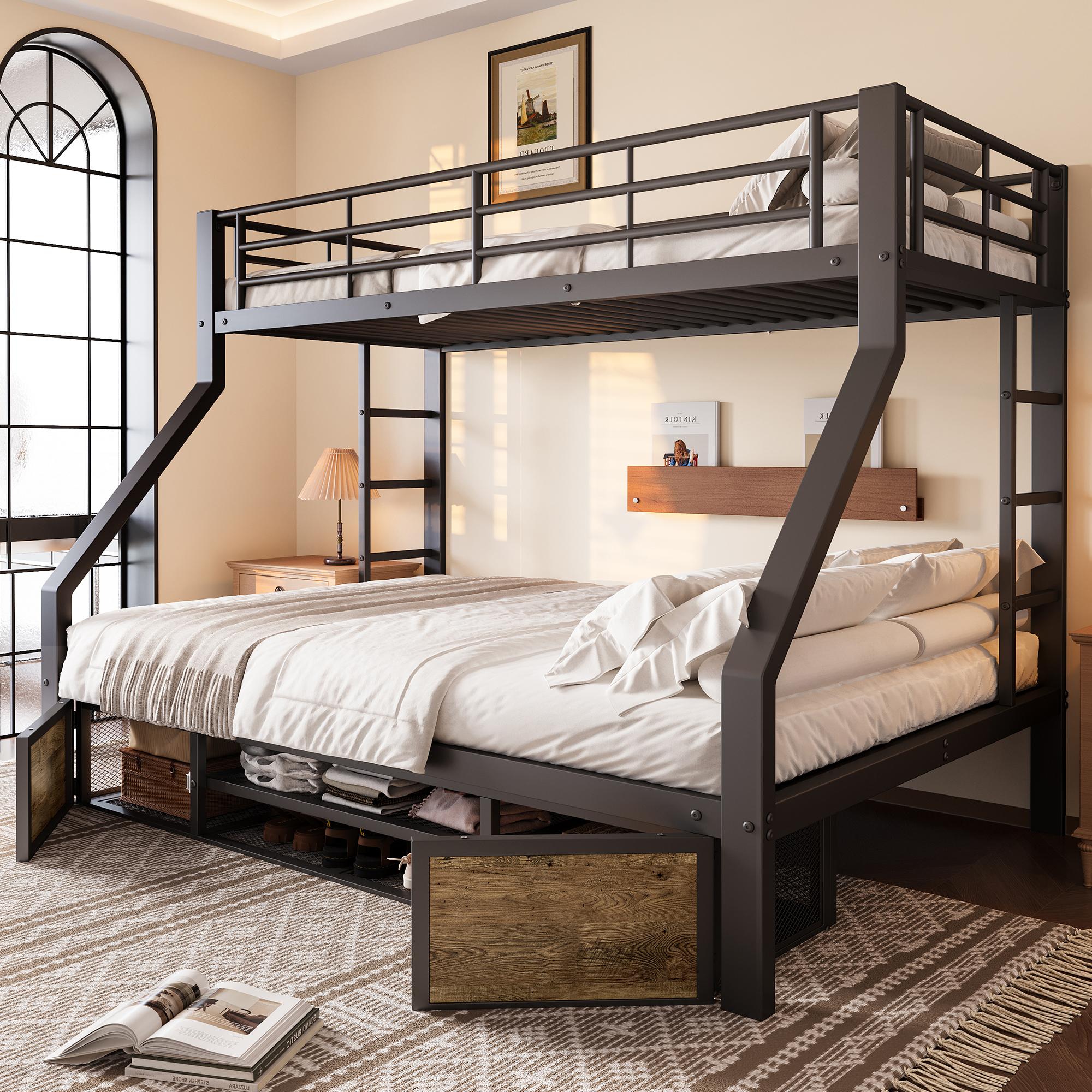 Flieks Etagenbett 90x200cm/140x200cm mit Schuhschrank, Kinderbett Hochbett mit Leiter, Metallbett Jugendbett Stockbett, Schwarz
