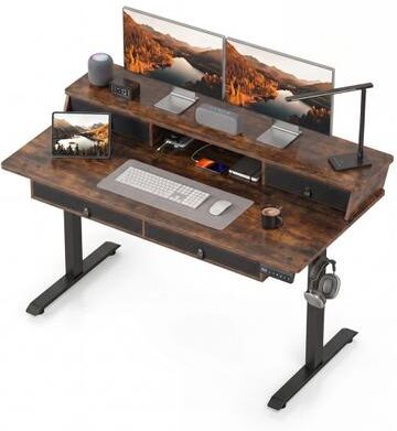 Costway 55 Inch x 27 Inch Electric Standing Desk with Drawers-Rustic Brown