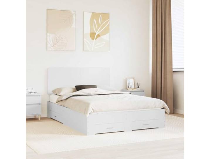 RJPLMFV Bettgestell mit Schublade, Weiß, 140 x 200 cm Holzwerkstoff, integriertes Kopfteil, integrierte Aufbewahrung, einfache Montage, einfache Wartung