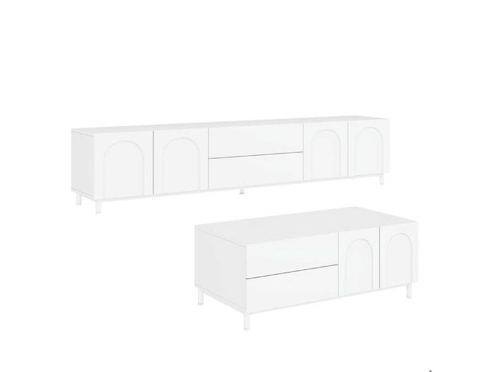 Ensemble de salon – Meuble TV et table basse blancs à portes arche MDF et panneaux de particules