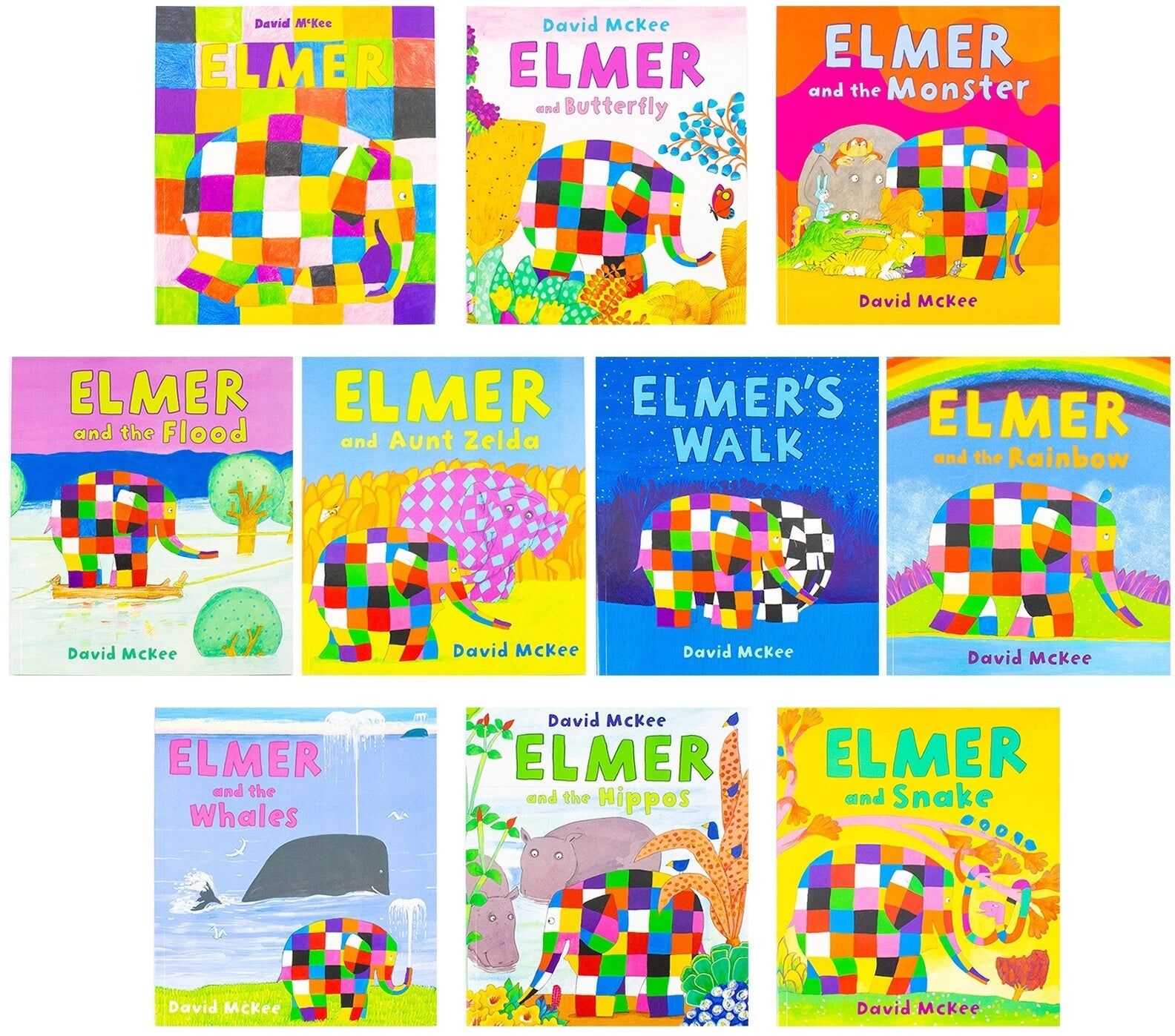 Andersen Press Elmer the Elephant 10 Book Collection Set - Children's Illustrated Picture Flats (Elmer, Elmer and Butterfly, Elmer and the Monster, Elmer and the Flo