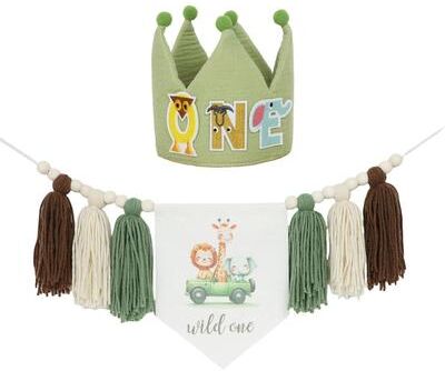 Uplifted Finds Boho 1st Birthday Botanical Banner Set   Linen Tassel Garland & Crown   Executive Nursery & Studio Decor green Car