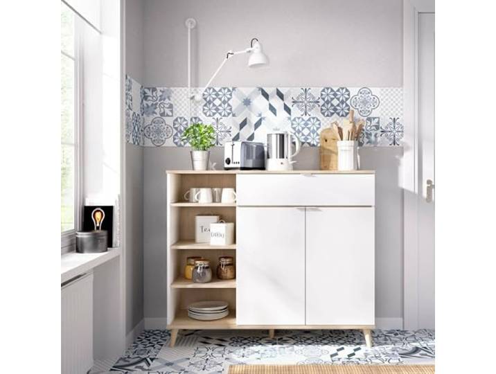 Dmora - Buffet Sumbra\, Buffet Garde-Manger de Salon\, Buffet de Salon Moderne avec 2 Portes\, 120x40h102 cm\, Blanc et Chêne