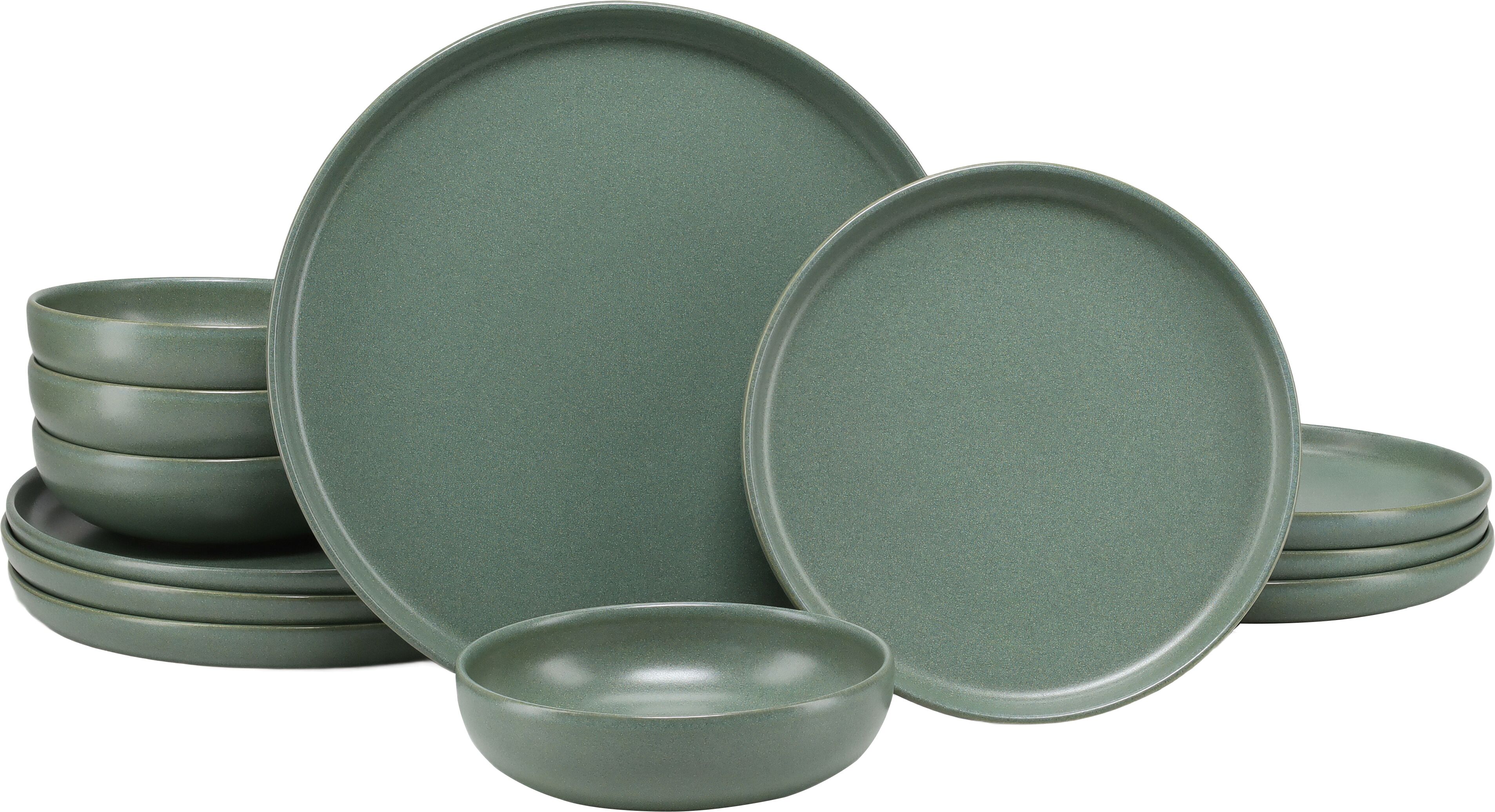 Teller-Set CREATABLE "Uno, Geschirr-Set, 12-tlg.", grün, 12, Steinzeug, Geschirr-Sets, Teller-Set, Seidenmatten, Spezialglasur, Klare Konturen mit sanften Rundungen