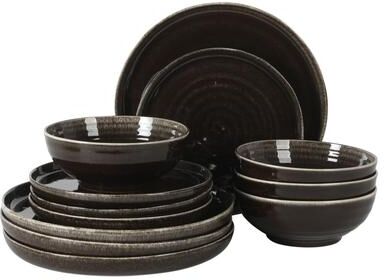 Gibson Elite Eclipse Swirls Plates and Bowls Sets, 12-Piece Stoneware Dinnerware Sets, Reactive Glaze Dish Set