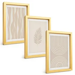 BILDER SET 3er Set - 20x30 cm Goldrahmen - Beige Pflanzenmuster