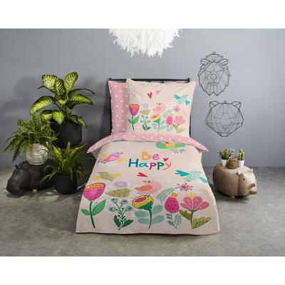 Kinderbettwäsche GOOD MORNING "Happily", rosa, B/L: 135cm x 200cm, 1 Stk., 1 Stk., Renforcé, B/L: 80cm x 80cm, 2 Stk., Renforcé, Obermaterial: 100% Baumwolle, Bettwäsche, Baumwolle, Renforcé, Wendeoptik, Kind, Mädchen, blumen, vogel