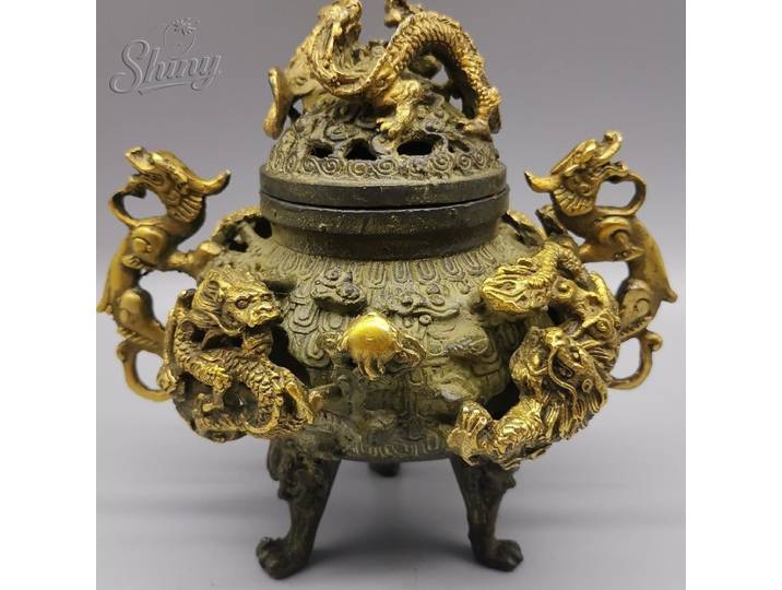 Statues de brûleur d'encens à trépied incrusté de 9 dragons en Bronze ancien à collectionner ancien