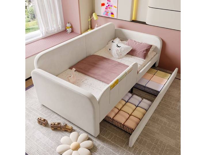 lit gigogne-SEYAKANY-90 x 200cm-Lit enfants 3 petits meubles de rangement 2 chaises sur roulettes blanc