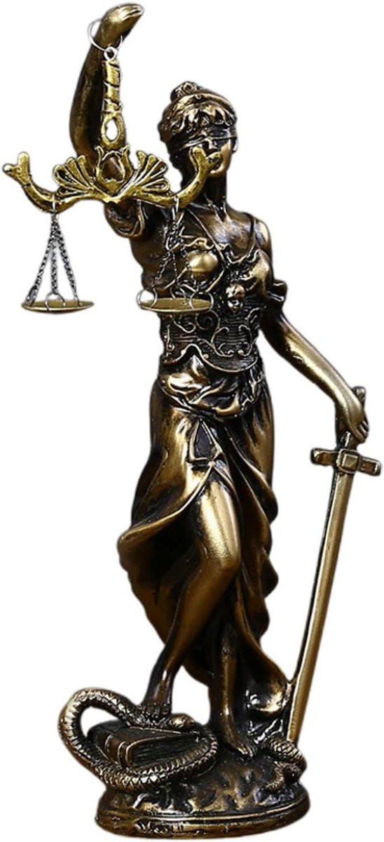 Gedetailleerd Standbeeld van Godin Justitie voor Kantoor Decoratie, Gekleurd, Hoogte: 14,6 cm