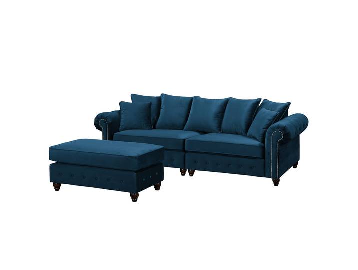 Bigsofa Blau/Dunkelblau Samt 260 x 90 x 93cm mit Hocker Glamour