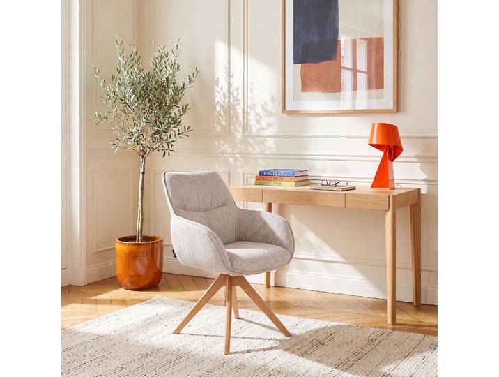 HABITAT - Chaise de bureau pivotante en tissu chenille et chêne massif avec accoudoirs - Ivoire - Arzana