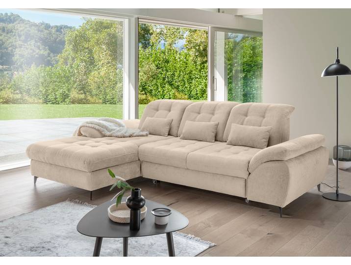 Wohnlandschaft OTTO HOME Delphino Multifunktionen, Bettfunktion, Breite 273cm, L-Form , beige, Sofas, B/H/T: 273cm x 189cm, Microfaser, Armlehne links Recamiere rechts, beige, 100% Polyester, Wohnlandschaft, inkl. Bettkasten, Schlaffunktion, Kopfteil- und Sitztiefenverstellung, B:273cm T:189cm