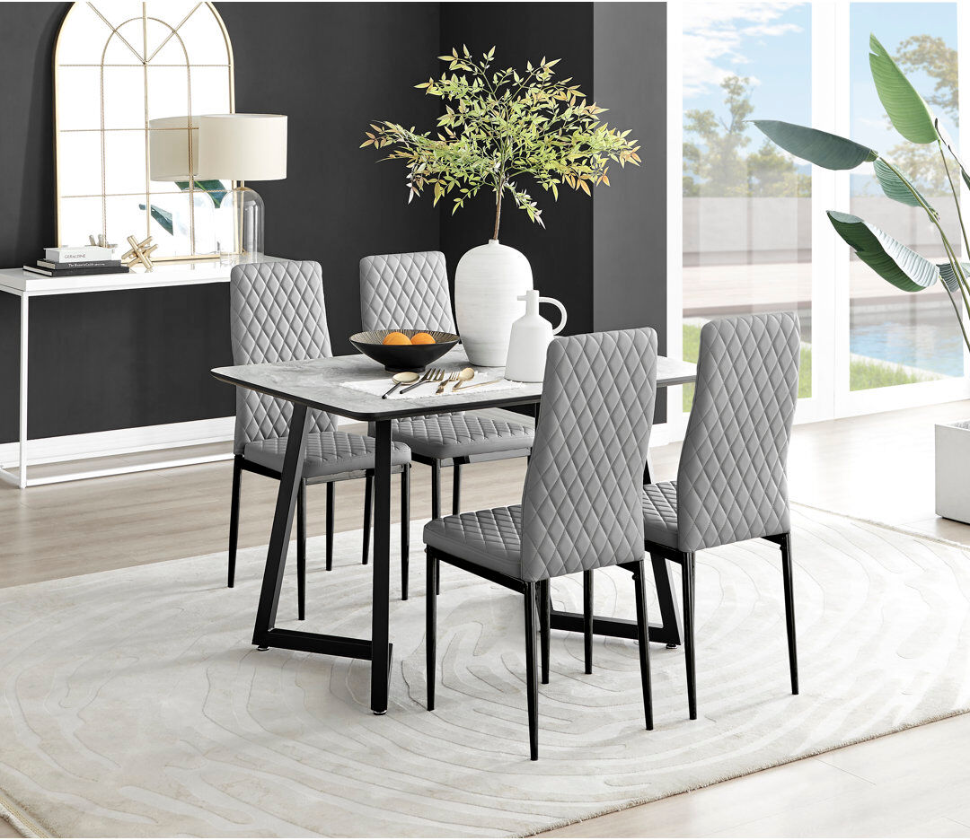 Canora Grey Industrial Design White & Grey Marble Effect Melamine Dining Table Set with 4 Faux Leather Chairs Grey/Black 4