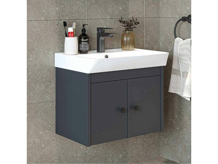 Meuble Vasque Suspendu 60 Cm Anthracite 2 Portes Jusa