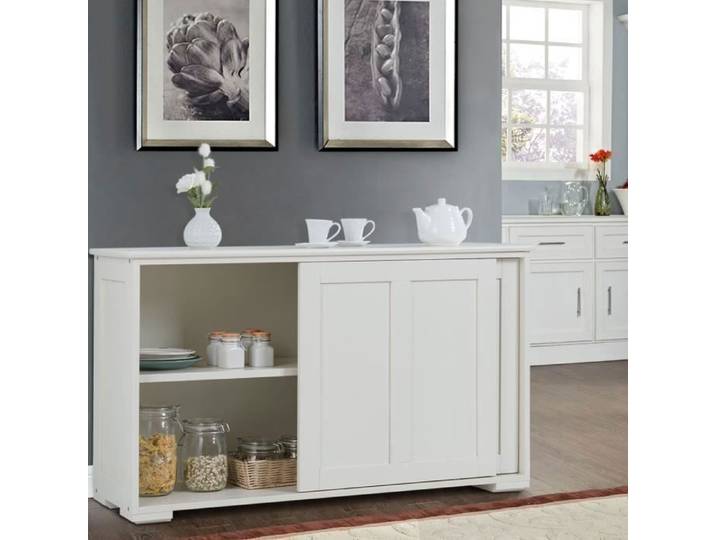 Buffet Bas Contemporain - Bahut Vaisselier - Laqué Blanc Brillant - Portes Coulissantes - 2 Etagères en MDF