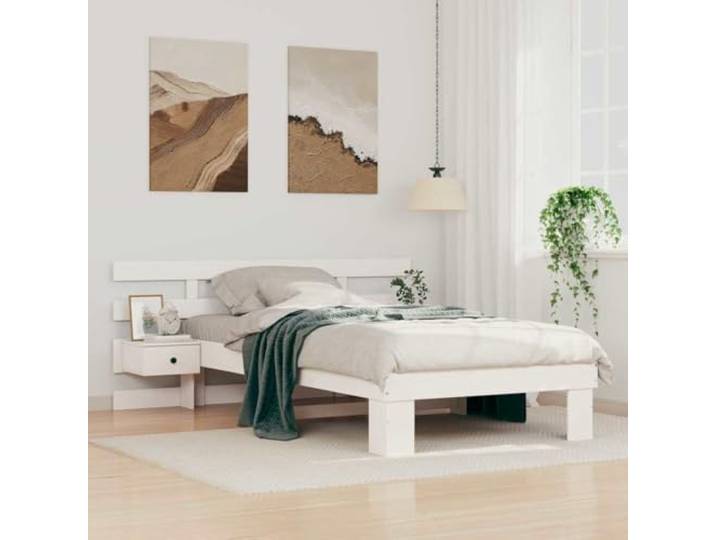 Massives Kiefernholz Plattformbett moderne Optik 100 x 200 cm Weiß Bettrahmen mit Kopfteil Weiß 100x200 cm Massives Kiefernholz Plattformbett Lattenrost Stabil Stilvoll