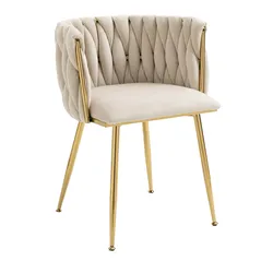 MODFU Esszimmerstuhl 2er Set Samt Elfenbein 74x56x50 cm mit handgewebter Rückenlehne, gepolstertem Sitz und goldfarbenen Metallbeinen, stabil