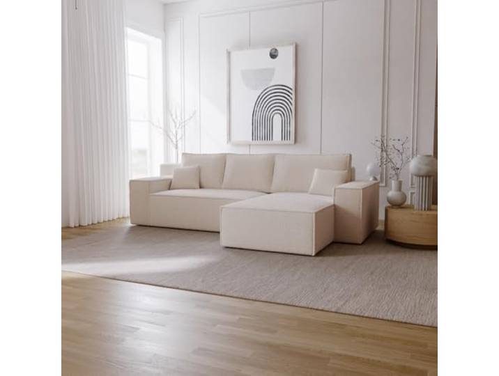 Emporius Bergamo L Ecksofa mit Bettkasten - Schlafsofa, Bettkasten, Boucle - Rechts, Eckcouch L-Form Beige (Anthology 3)