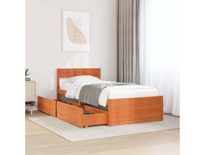 YUOTYRKTEJRSG Massiv Kiefernholz mit Schubladen modern 90x200 Braun Massivholzbett ohne Matratze Wachsbraun 90x200 Kiefernholz mit Schubladen und Kopfteil Stauraum Bettgestell