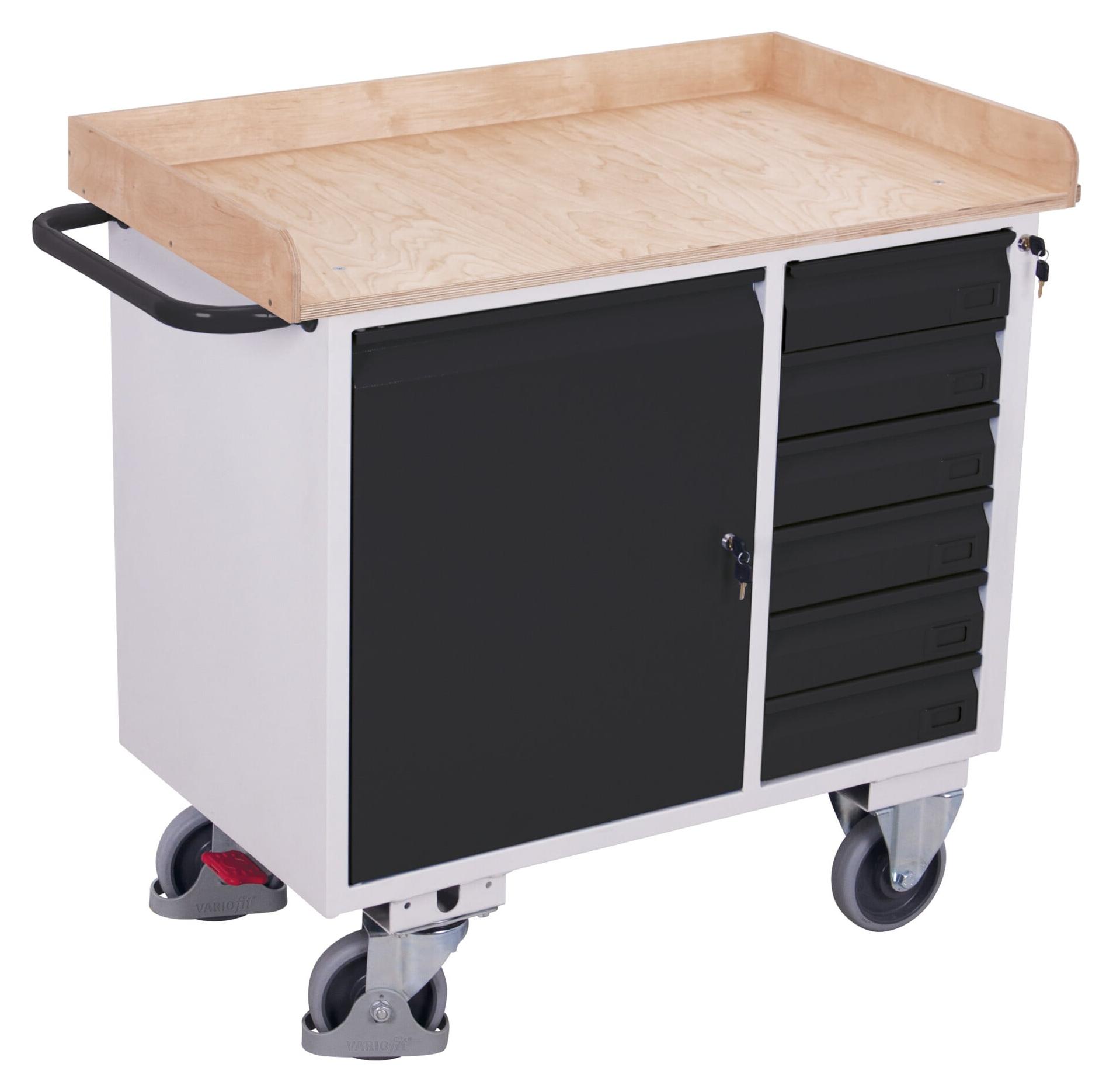 VARIOfit Werkstattwagen mit Schiebegriff, Schrank, 6 Schubladen und Ladefläche mit Rand 1000x600mm RAL 7016 Anthrazitgrau