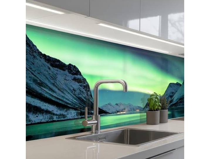 KitchenYeah© Spritzschutz Küchenrückwand Selbstklebend Küche Rückwand 60x250 cm - Küchenwand Wand Küchenfront Verkleidung Küchenspritzschutz Nordlicht - Norwegen - Eis - Gelb - Wasser - Schnee