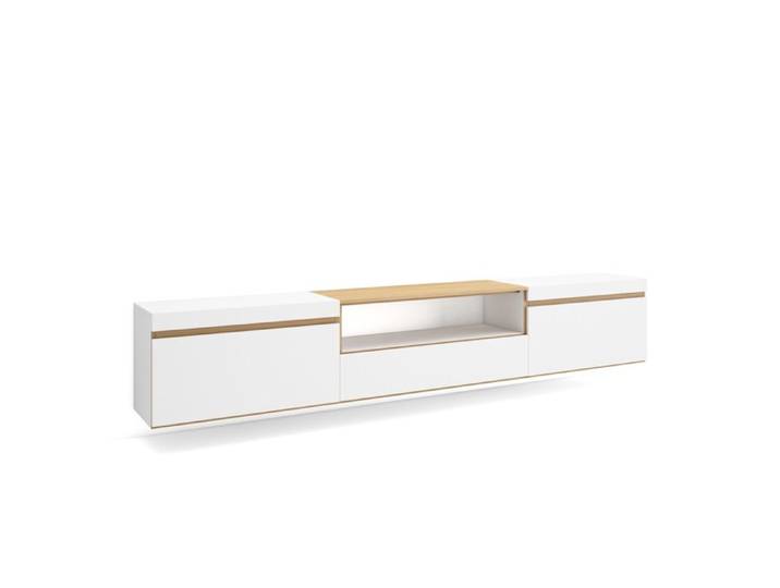 Meuble TV Banc Télé 260x45x35cm TV grand format Suspendu Mural Blanc et Chêne Soft RF3790