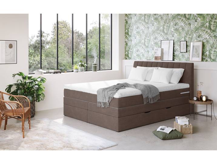 Boxspringbett, Braun, 186x212 cm, 100% Polyester, Mit Bettkasten & Topper, Landhaus, Cotta