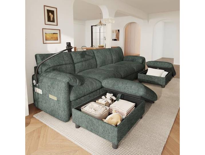 BTM L-Form Ecksofa mit 2 Stauraum Hockern und Handyhalter, Modulares Sofa Wohnzimmer Wohnlandschaft U-Form Grün