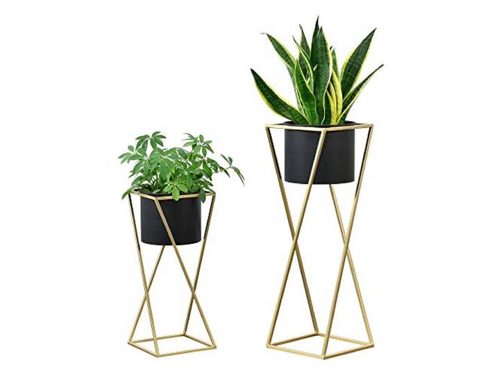 [en.casa] Pflanzständer im 2er Set Blumenständer aus Metall Blumentopf Ständer mit Übertopf Blumentopfhalter 2-tlg. Pflanztopf Deko Goldfarben-Schwarz Viereckig