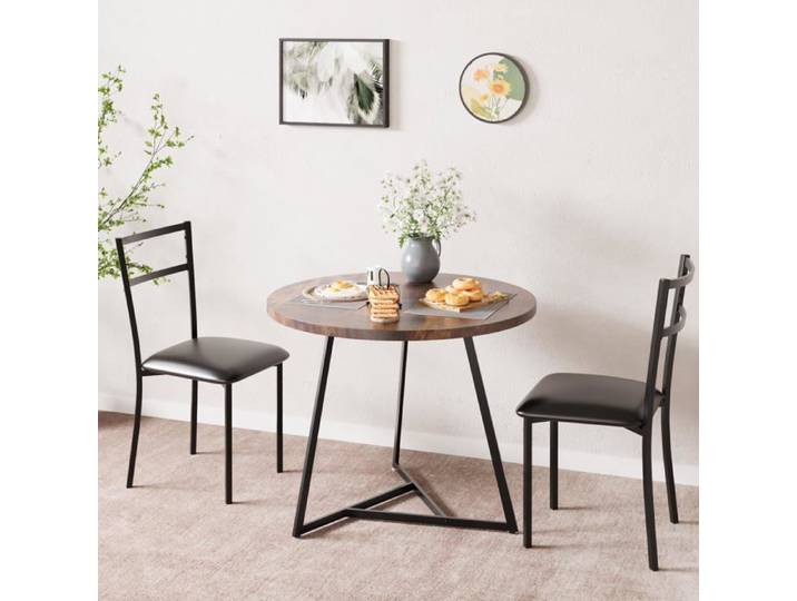 Ensemble repas rond 3 pièces 2 personnes gris rustique 80 cm 2 chaises rembourrées compact petit espace appartement studio