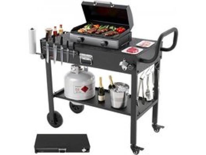 VEVOR Grillwagen Outdoor 787x432 mm (Tischplattengröße), Klappbarer Grilltisch mit Taschentuchhalter & Rädern & magnetischer Werkzeugablage, Grillvorbereitungstisch Servierwagen für Picknick Küche