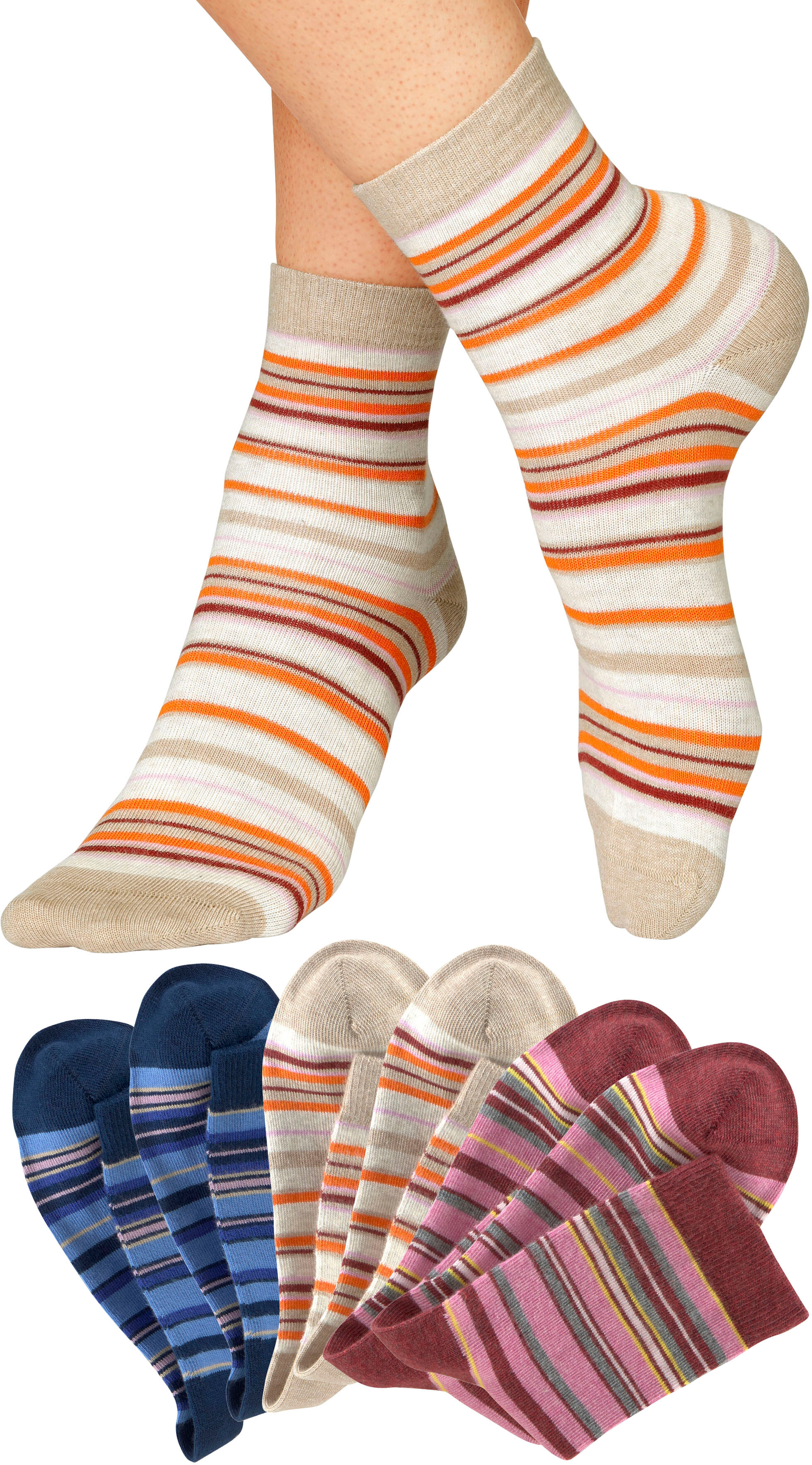 Socken H.I.S "Damensockensocken kurze Schafthöhe, Mini Crew Socken, Baumwolle", Damen, Gr. 35-38, bunt (2x beige, melange, 2x rot, melange, 2x blau), Baumwolle, Elasthan, Polyamid, geringelt, elastisch, Socken Socken, mit farbigem Ringelmuster 2x beige, m