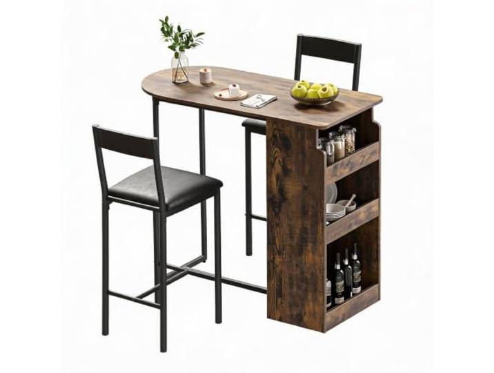 GarveeLife Platzsparende 3-TLG. Bar-Essgruppe für 2 Personen – Hochtisch/Bartisch mit Ablage & Stauraumregalen + 2 Hocker, ideal für Küche/Frühstücksecke/Bar, klassisch Braun, Farbe: klassisch Color