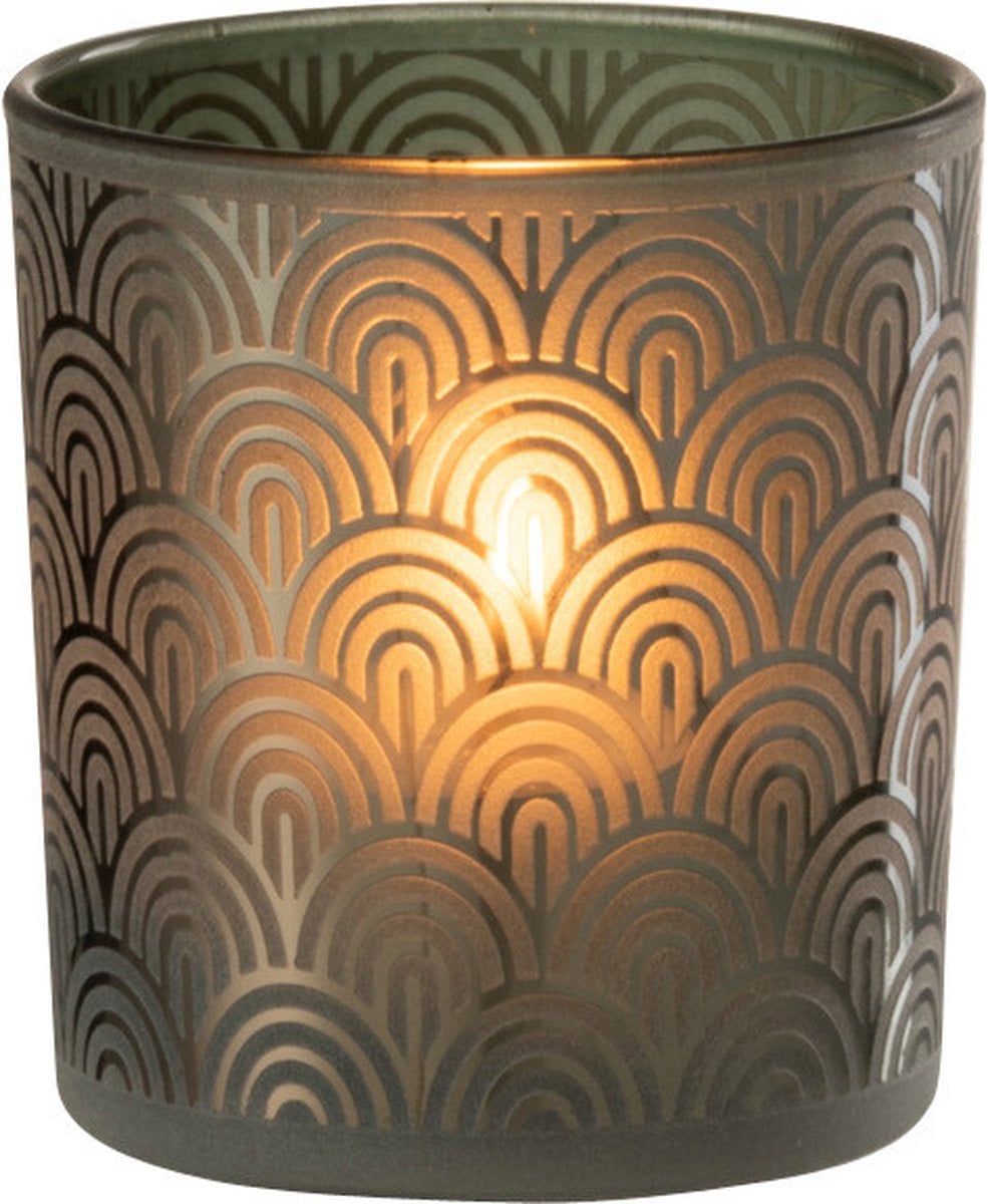 J-Line Windlicht Boog Groen Glas Small - Set van 4 Waxinelichtjeshouders