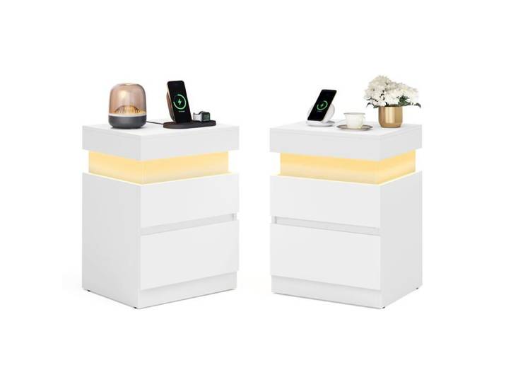 Table de Chevet Lot de 2 avec Multiprise LED 2 Tiroirs Blanc Neige Blanc Neige CHEVET