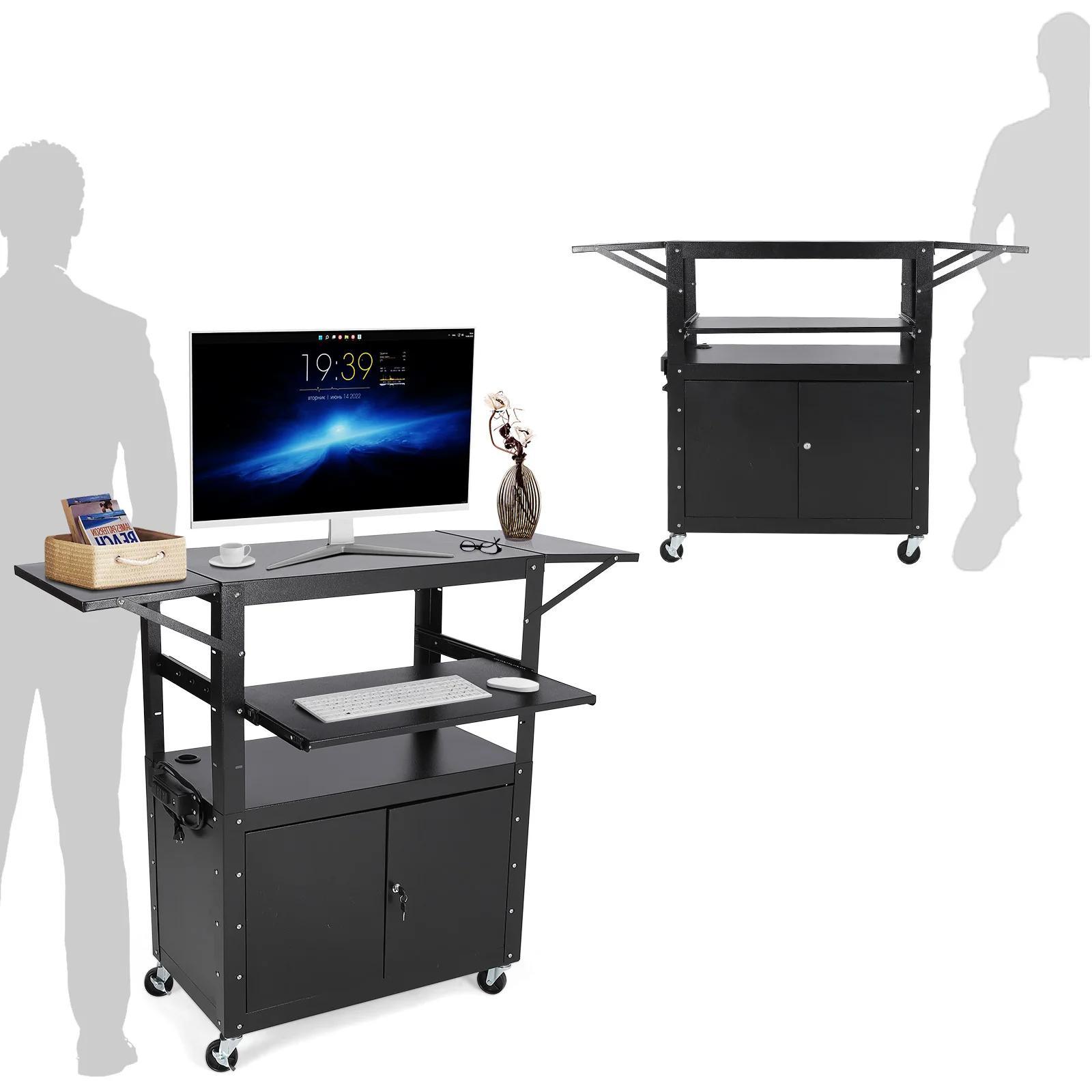Rollbarer AV-/Medienwagen - Mobile Arbeitsstation - Abschließbarer Schrank - Laptopablage - Klappbare Seitenablagen - Höhenverstellbar - Rechteckig