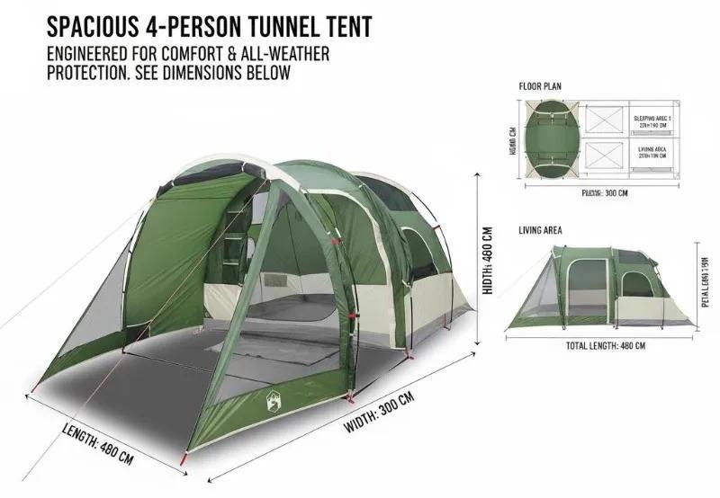 4-Personen Zelt - Tunnelzelt - Wasserdichtes Polyester - Camping und Trekking - Armeegrün