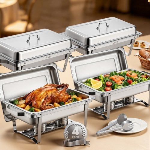 VEVOR Chafing Dish Buffetset 4-delig, roestvrijstalen voedselwarmer met 4 pannen van 7,5 L, rechthoekige cateringwarmtedispenser met deksel en brandstofhouder, zilver
