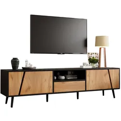 Lowboard 180x40x46 TV Board mit 2 Schränken und Schubladen, Schwarz und Naturholz, für 75 Zoll Fernseher
