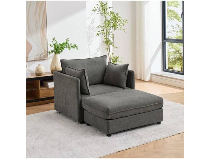 MEULVA Méridienne lounge 1 place gris en velours Altay avec repose-pieds coffre modulable