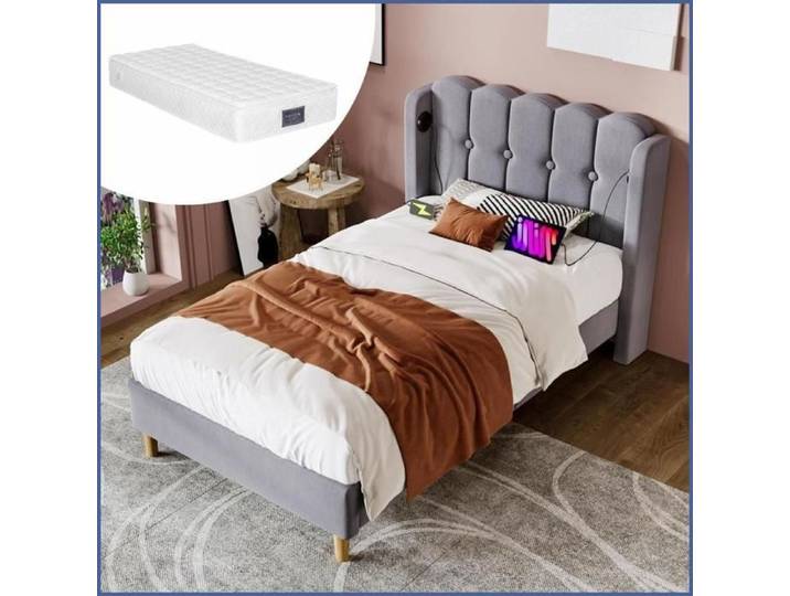 Bett Einzelbett 90x200 cm - Avec Chargeur USB-C - Matelas Inclus - Gris Linge