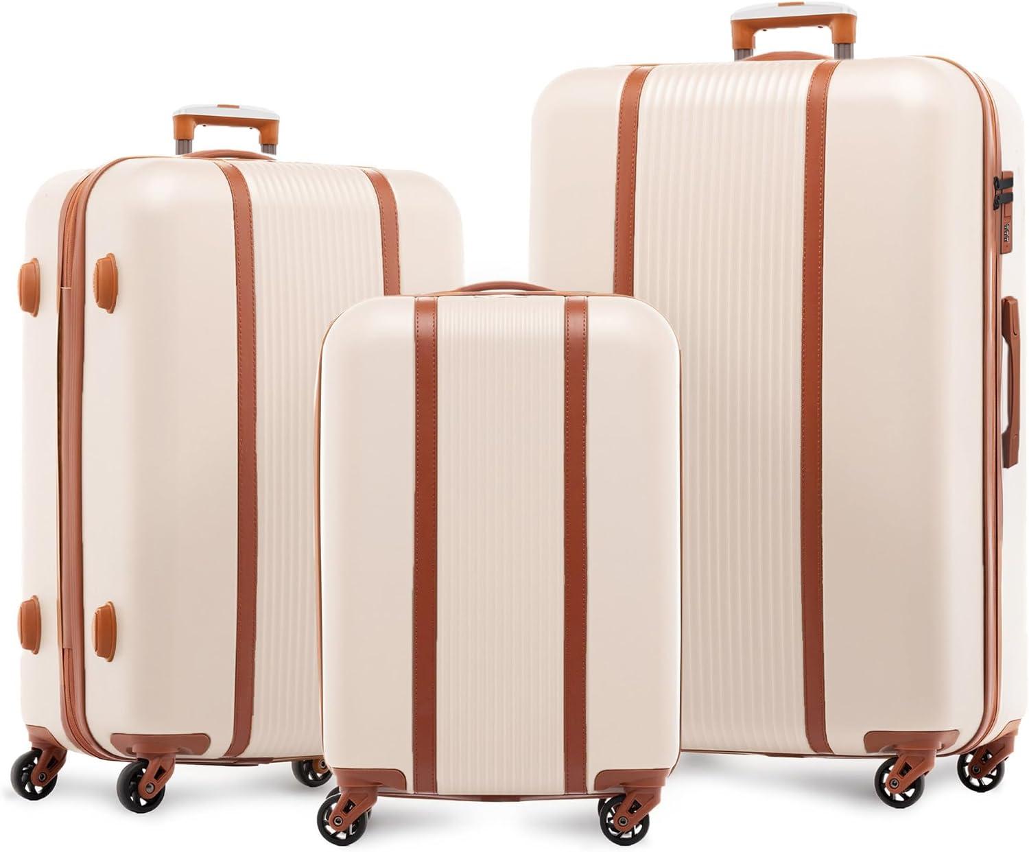 Koffer-Set bestehend aus 3 robusten Trolleys mit 4 Rollen, in Beige-Braun, in drei Größen, inklusive Handgepäckgröße
