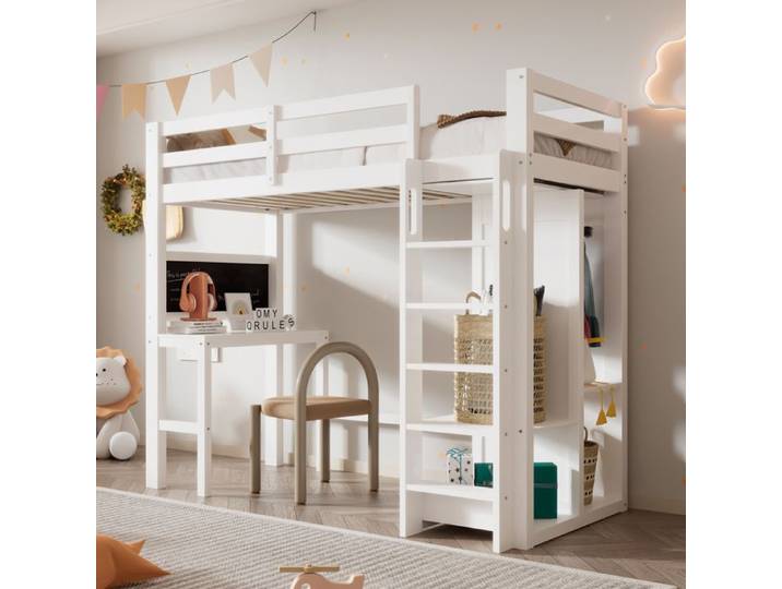 DRIPEX Lit mezzanine 90×200cm pour enfants/adultes Lit surélevé avec bureau armoire ouverte et étagères de rangement Blanc