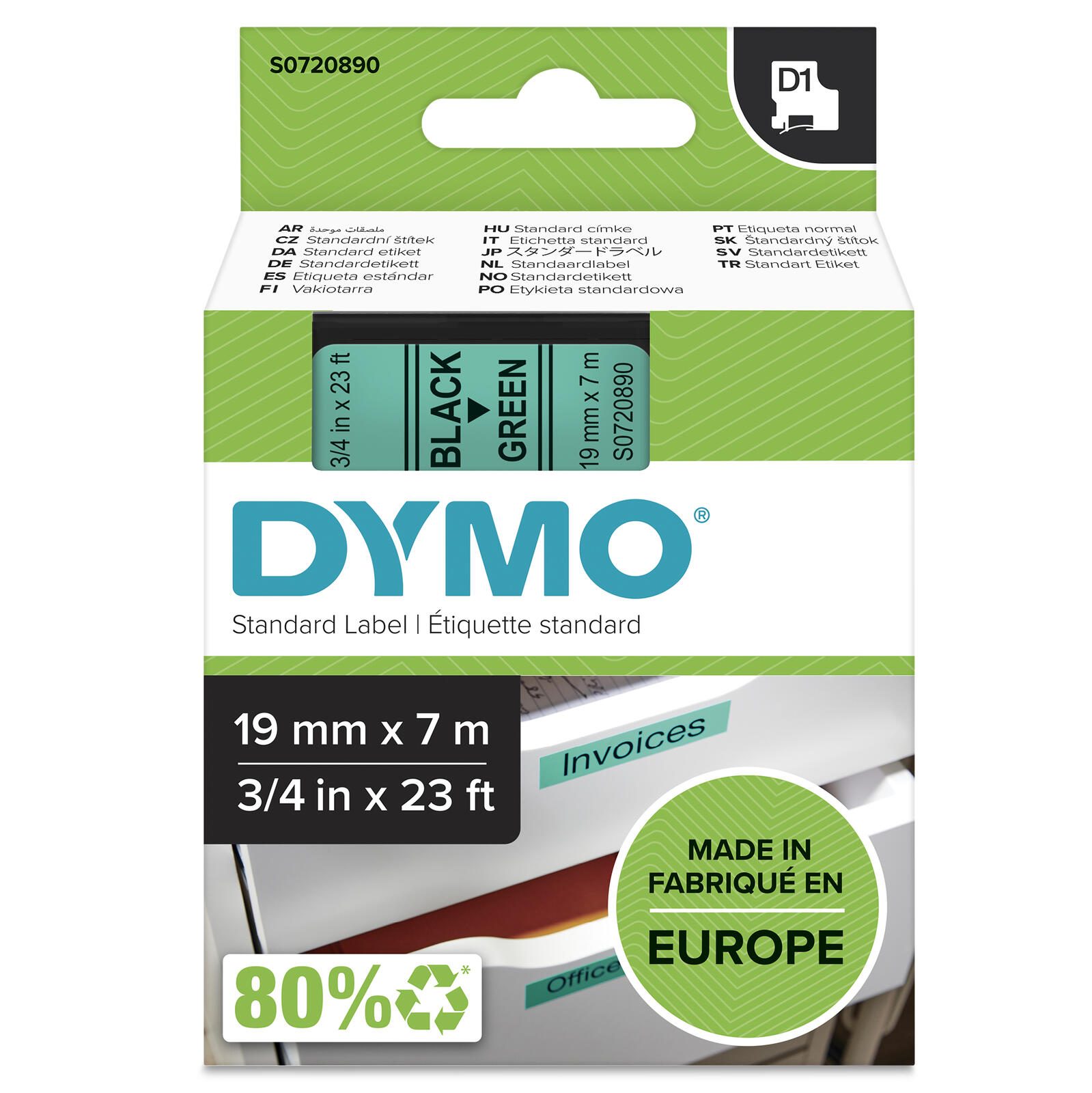 DYMO® Original D1-Schriftband für LabelManager™ 19mm x 7m - Polyester, wieder ablösbar - schwarz auf grün S0720890