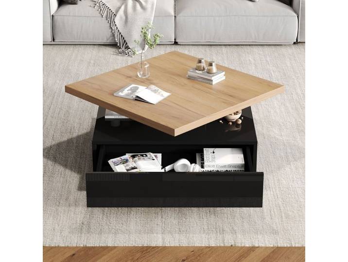 Table basse multifonctionnelle carrée pivotante à 360° double couche brillante avec tiroir table d'appoint pour salon noir