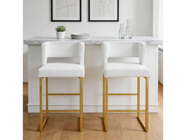 Tabourets de bar - Nordique - Assise carrée rembourrée - Pieds métal doré - Lot de 2