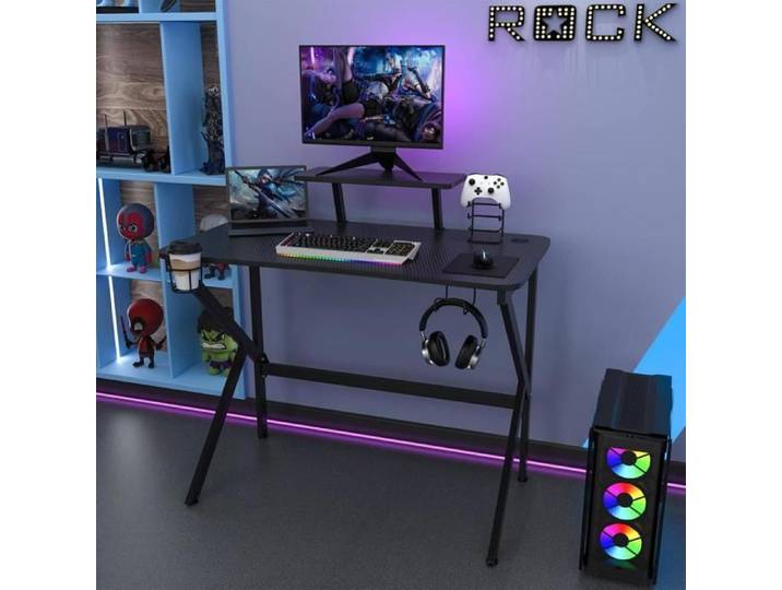 JEOBEST Gaming Bureau Gamer 100x55x74cm Grande Table pour Ordinateur/PC Support pour Casque Porte-Gobelet Table de Jeu Noire