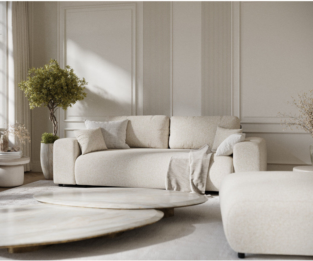 Ebern Designs Three-seater square arm sofa Cream Boucle 79cm H X 213cm W X 108cm D
